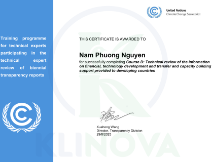 Certification of completing Course D: Technical review of the information on financial, technology development and transfer and capacity building support provided to developing countries 